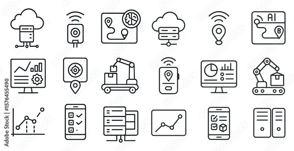 Poster collection of icons for various technology devices and applications. the icons include a computer mo