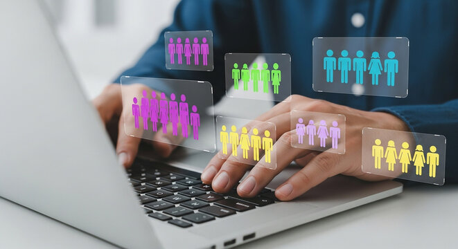 A person types on a laptop, surrounded by icons representing diverse teams and social networks, symbolizing online community and digital communication