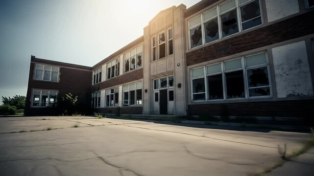 Abandoned school building exterior under daylight with broken windows and heat alert sign effect heatwave climate global change