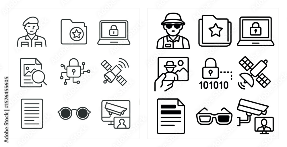 Poster set of icons for a computer program. the icons include a man with sunglasses, a man with a hat, a ma