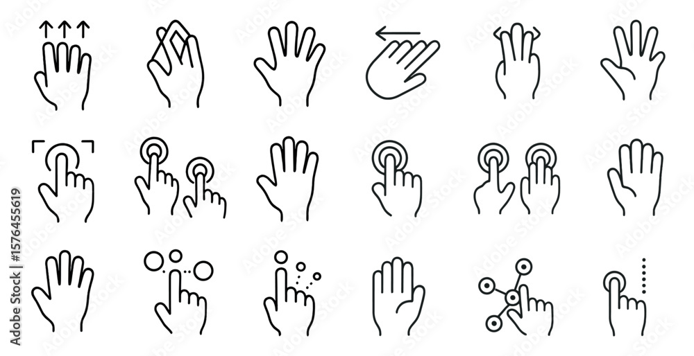 Poster Set of hand icons with a variety of buttons and gestures. The icons are arranged in a grid, with each row containing a different set of buttons. Scene is that of a user interface