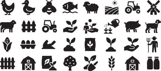 Black Farm Icons Chicken Duck Bee Fish Sheep Tractor Windmill