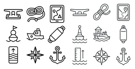 Collection of water-related icons, including a boat, a compass, a buoy, and a boat anchor