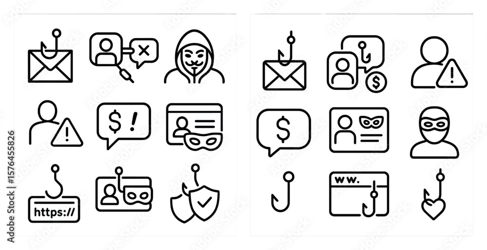 Poster set of icons for various types of online security threats. the icons include a man in a mask, a man 