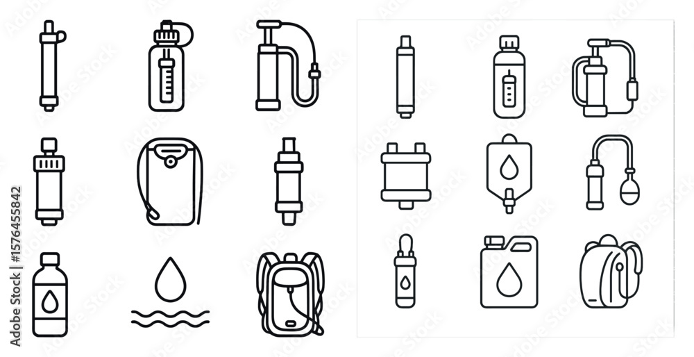 Poster set of water bottles and backpacks are shown in a line. the water bottles are of various sizes and s