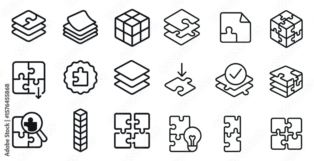 Poster set of puzzle pieces with a variety of shapes and sizes. the pieces are arranged in different ways, 