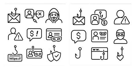 Fototapeta premium Set of icons for various types of online security threats. The icons include a man in a mask, a man with a gun, a man with a fake beard, and a man with a fake ID. The icons are arranged in two rows