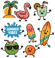 Collection of cheerful summer stickers themed cartoon characters and objects for design.