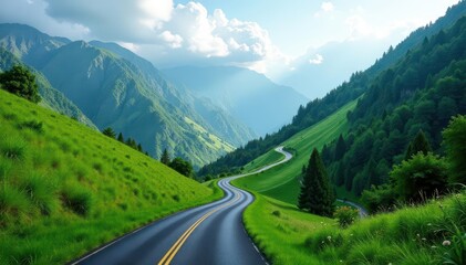 Asphalt ribbon winds through lush green mountains , environment, scenic, sunlight