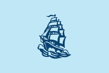 Sailing ship on waves, bold engraving style, vector illustration