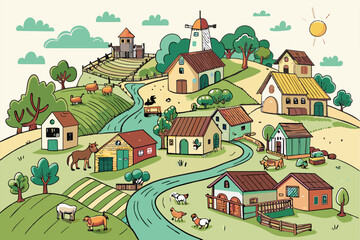 Colorful illustration of a cartoon farm landscape with quaint farmhouses, animals, and a scenic river winding through the countryside.