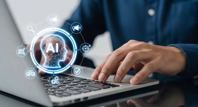 A person is typing on a laptop, showcasing artificial intelligence with a digital interface and various icons representing technology and data analysis