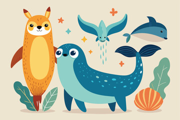 Naklejka premium Illustration of cute cartoon animals in a vibrant nature scene. Features a charming seal, dolphin, flying bird, and fox kangaroo mix with plants and seashell.