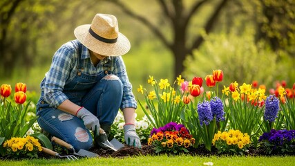 Senior man gardening in spring flower bed with tulips, daffodils and hyacinths. Elderly male planting colorful blooms in park. Outdoor hobby for retired people concept