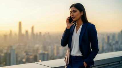 Professional woman on phone overlooking city skyline at sunset. Business communication, urban success, female leadership concept. View from skyscraper rooftop. - Powered by Adobe
