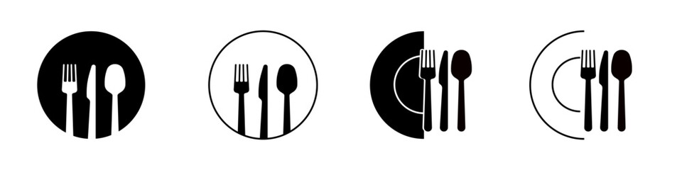 Cutlery set icon collection with fork, knife, and spoon silhouettes, flat design for menu and food services, vector illustration