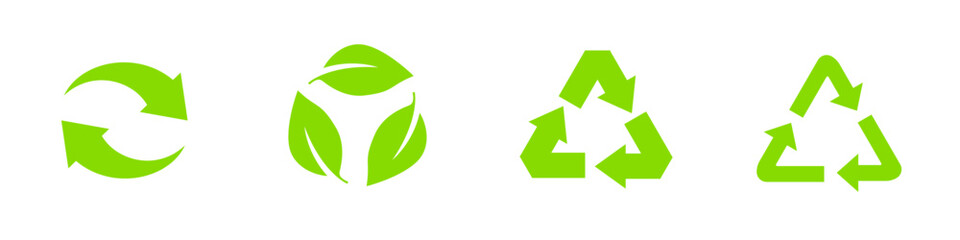 Recycle vector icon set with arrows, heart, and leaf symbols, eco-friendly green design, rounded corners, isolated on white background