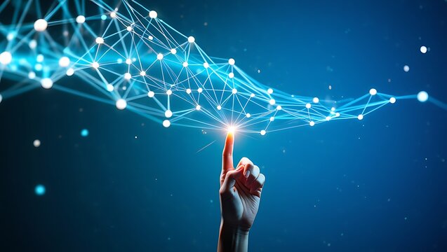 Connecting to the Future: A Hand Touching a Glowing Network, The Power of Connection: A Human Hand Interacting with a Digital Network
