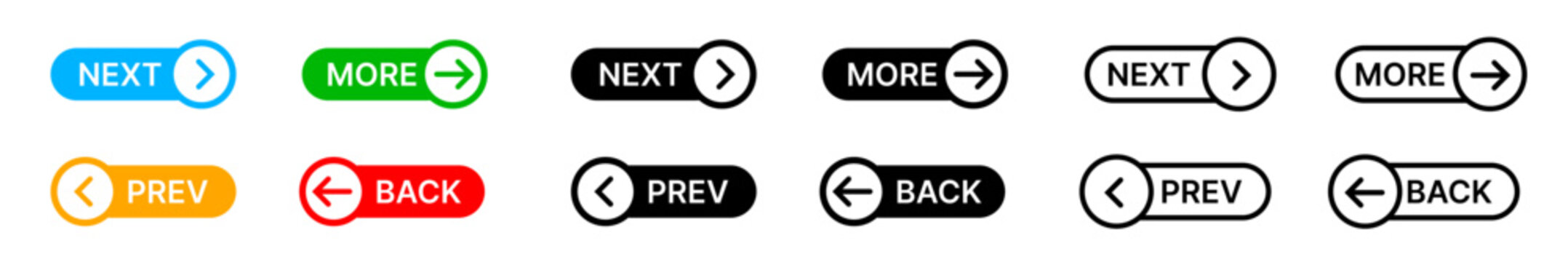 Previous and next navigation button icons with arrows for web page movement, UI controls, and user interface design elements
