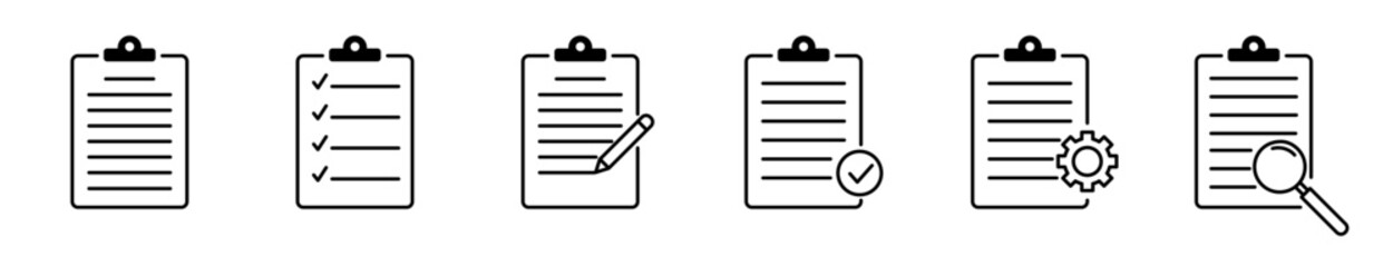 Clipboard icon set with checklist, checkmarks, document, gear, pencil line icons, editable stroke, isolated vector illustration