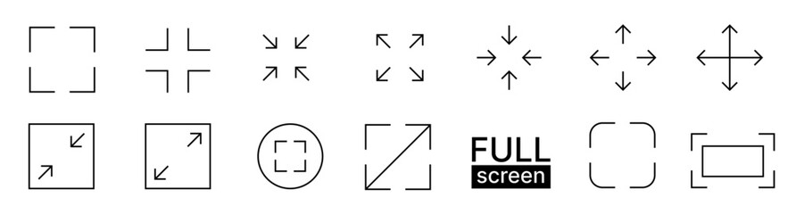 Full screen and exit full screen black vector icons set with scalable arrow marks for website and mobile app UI design
