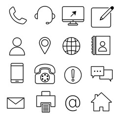 Contact and web icons set with telephone, email, location, chat, and social media symbols in vector style for UI and web design