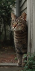 Curious tabby cat exploring outdoors among garden plants