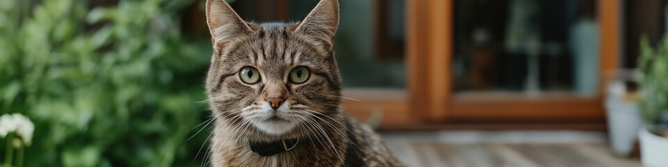 Close-up of a striped tabby cat with green eyes outdoors