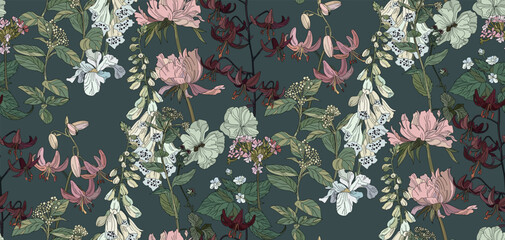 Flowers and leaves in vintage style, seamless pattern	
