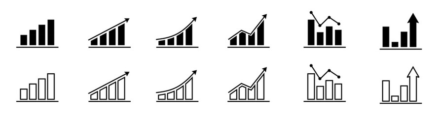 Growing graphic icon set with outline and glyph bars showing profit charts and growth trends, vector collection