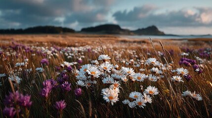 Cinematic ultra wide view of an abandoned crop field overtaken by wildflowers and grasses soft light and overgrown textures dramatic storytelling landscape