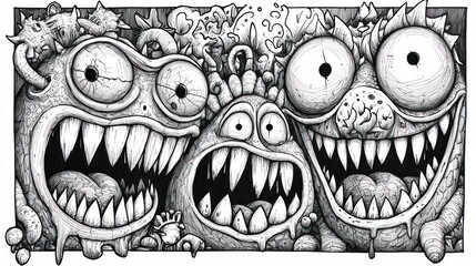 Naklejka premium Monstrous creatures grin, chaotic background, inked art, graphic design