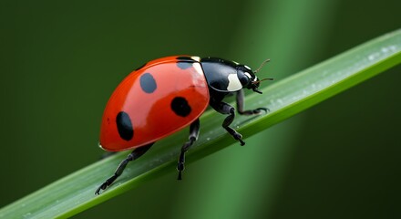 Fototapeta premium Ladybug Walking on Green Blade of Grass Macro Close-up