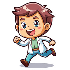 Cartoon character, a happy, running boy in a lab coat