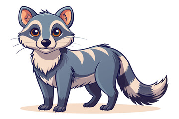 Charming illustration of a cartoon raccoon with big eyes and fluffy tail. Perfect for childrens books, animation, and graphic design projects. The cute character stands on a blank white background.