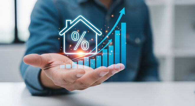 A businessman is holding a digital house icon with a rising graph, representing real estate investment and increasing mortgage interest rates
