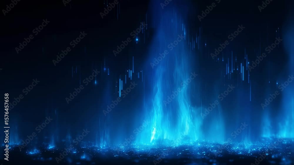Poster blue glowing candlestick chart erupting from dark ground with smoke and sparkles, creating a futuris