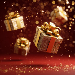 Glamorous gift boxes floating in red scene. Perfect for Singles Day promotions.