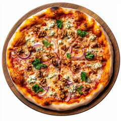 A delicious pizza topped with blue cheese, walnuts, red onion slices, and fresh parsley on a wooden serving board.