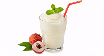  lychee juice frozen slushies ice in glass, Refreshing drinks with straws, Cool summer drinks on a white background