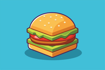 A vibrant cartoon style hamburger illustration featuring layers of ingredients on a blue background. Perfect for themes related to fast food, dining, and culinary art.