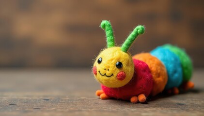 Naklejka premium Cute felted caterpillar craft, wooden backdrop, illustration, project, eco-friendly