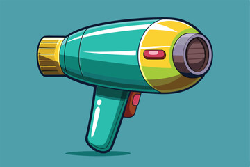Vibrant cartoon illustration of a hair dryer in teal and yellow colors. Perfect for beauty, grooming, and lifestyle themes. Illustrated on a clean blue background.