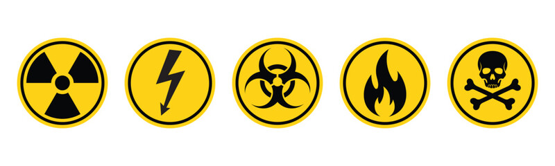 Set of hazard danger vector signs. Radiation sign, High voltage sign, Biohazard sign, Gas flame sign, Toxic sign in circle shape vector illustration on a isolated background