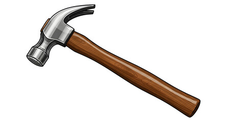 A cartoon claw hammer with a wooden handle and metal head. Repair and construction tool illustration on transparent background.