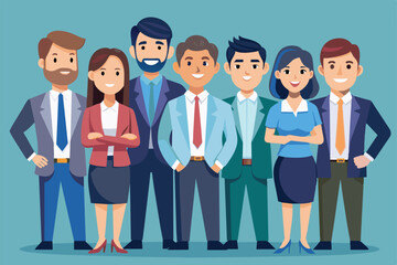 Illustration of a diverse group of cartoon business professionals confidently standing together, conveying a sense of teamwork, unity, and collaboration in a corporate environment.