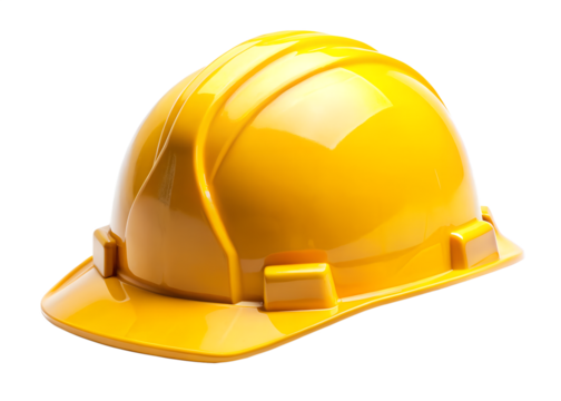 A bright yellow construction hard hat isolated on a transparent background, symbolizing safety and work