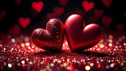 Two sparkling red hearts sit closely together on a glittering surface