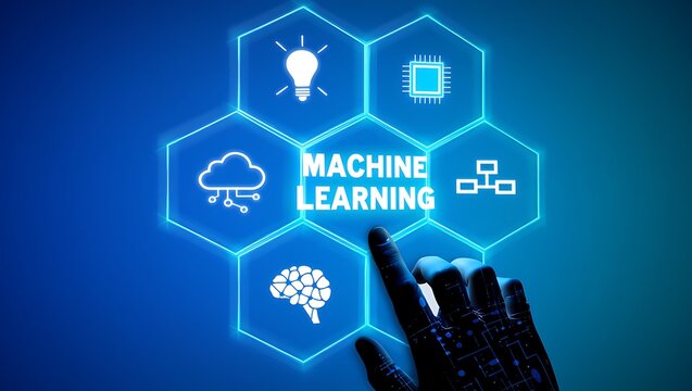 Machine learning futuristic interface, A digital hand interacting with machine learning technology via a blue interface - Powered by Adobe