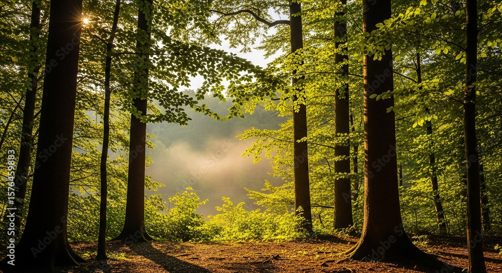 Poster sunlight streams through the lush green canopy of a dense forest, creating a serene and enchanting a